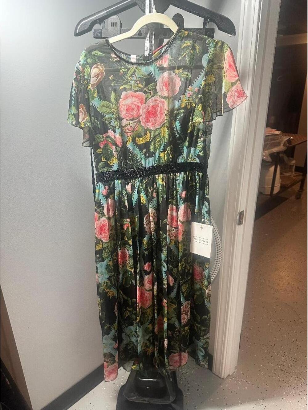 Mac Duggal Floral Midi Dress Size 8 NWT Sheer Overlay Beaded Waist Garden Party - Picture 2 of 5